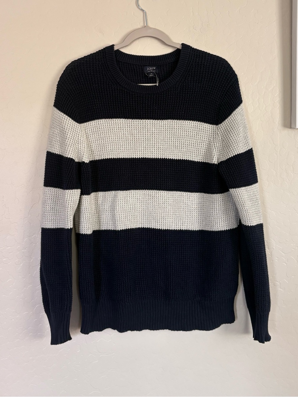 J.Crew Women's Medium Navy White Striped Waffle Knit Cotton Sweater Coastal